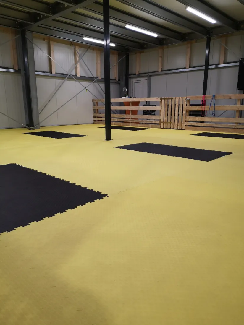 Indoor-Trainingsfläche mit Matten, Blick zu den Türen
