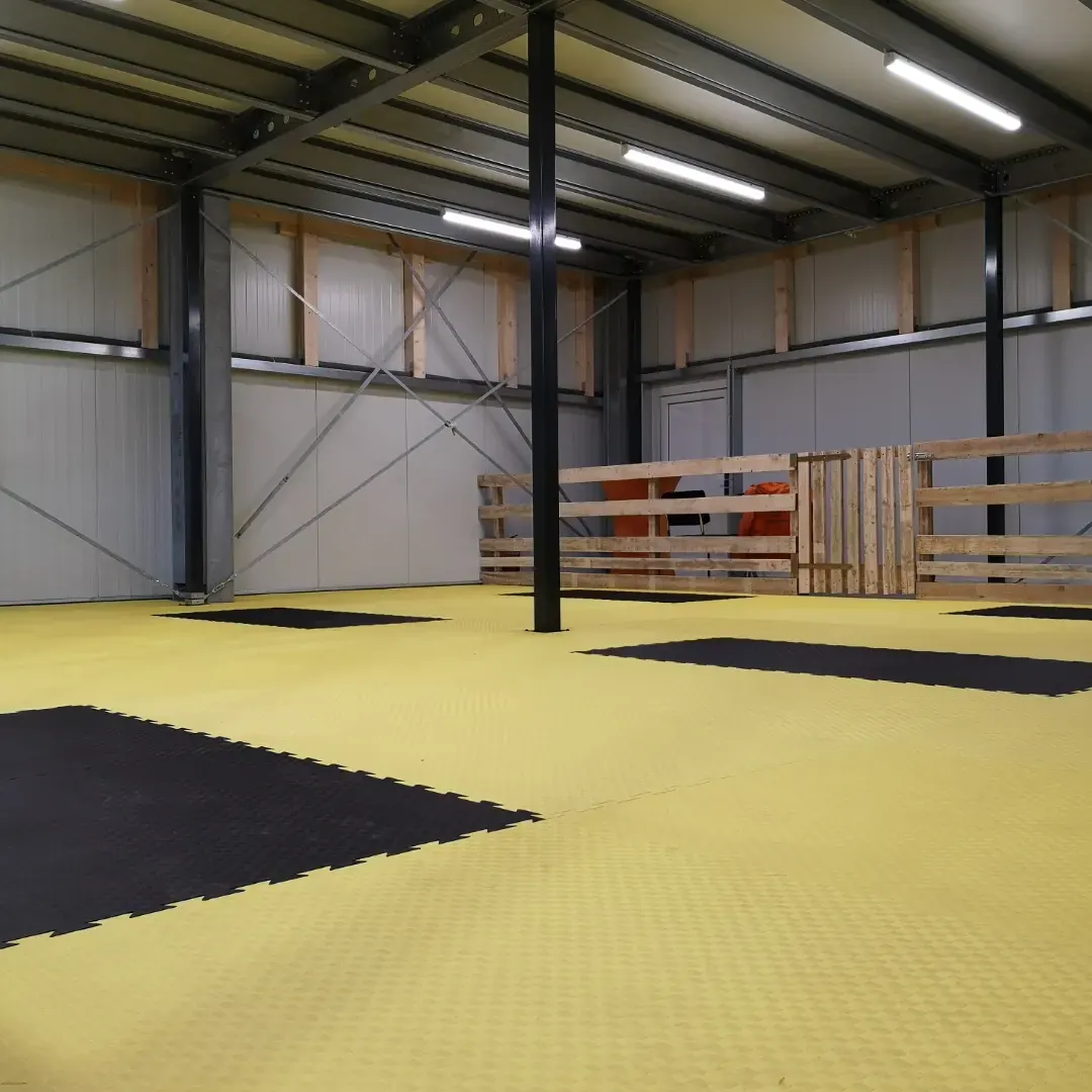 Blick in die Trainingshalle mit Holzpaletten-Wand